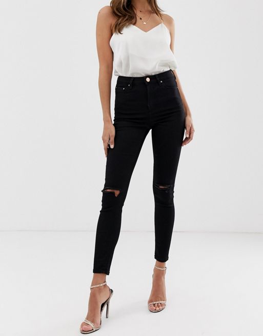 ASOS DESIGN Ridley high waisted skinny jeans in clean black with ripped ...