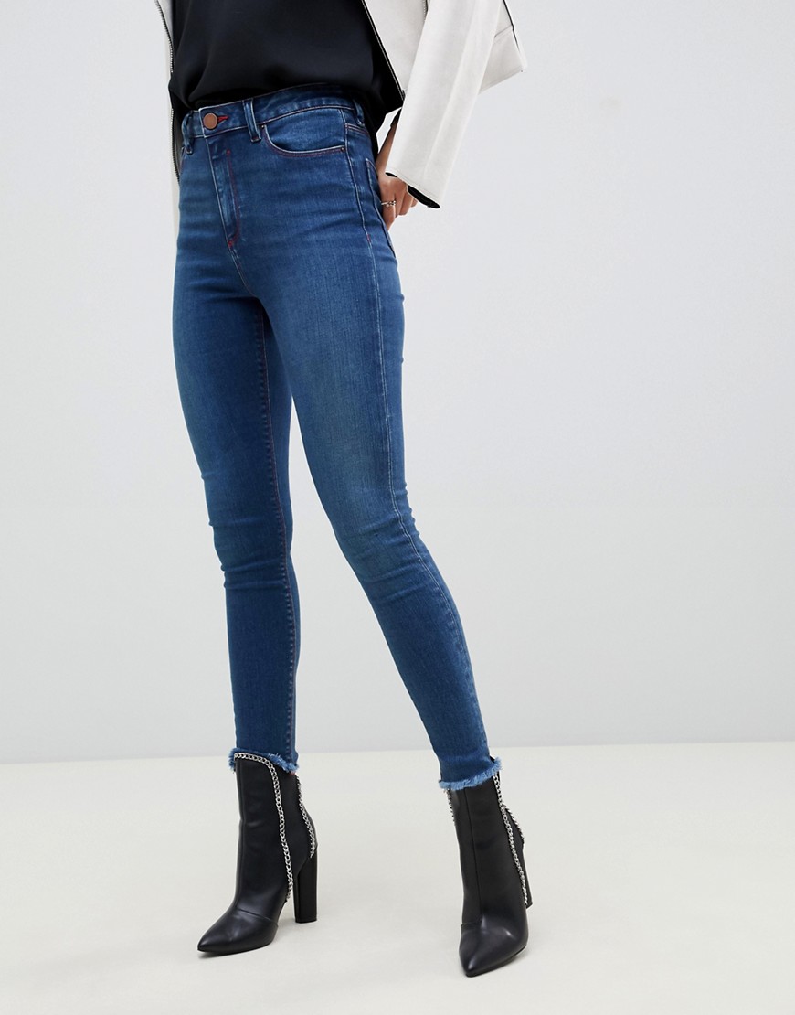 ASOS DESIGN - Ridley - Højtaljede skinny-jeans i mørk blå med røde kontrastsyninger