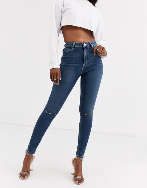 ASOS DESIGN – Ridley – Niebieskie obcisłe jeansy z podwyższonym stanem z rozdarciami na kolanach