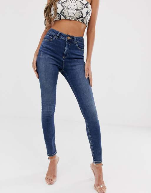 ASOS DESIGN - Ridley - Skinny jeans met hoge taille en stonewash in donkerblauw