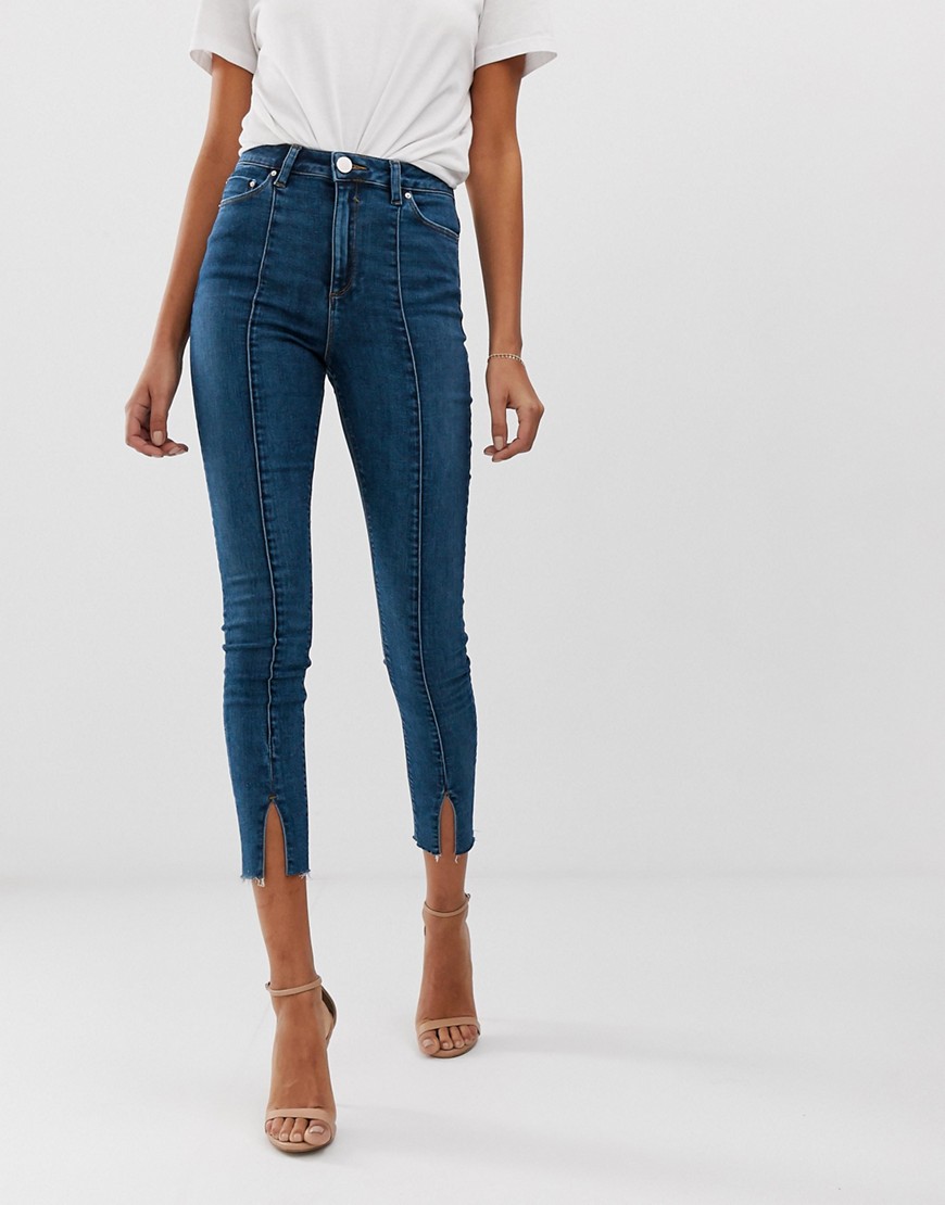 ASOS DESIGN - Ridley - Skinny jeans met hoge taille, naad over de voorkant en splitjes in de zoom in mid wash blue-Blauw