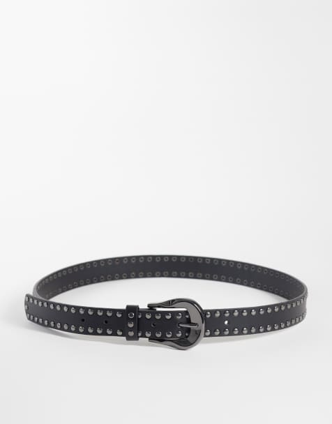 ASOS DESIGN riem van imitatieleer met golvende gesmolten gesp en studs in zwart - view 1