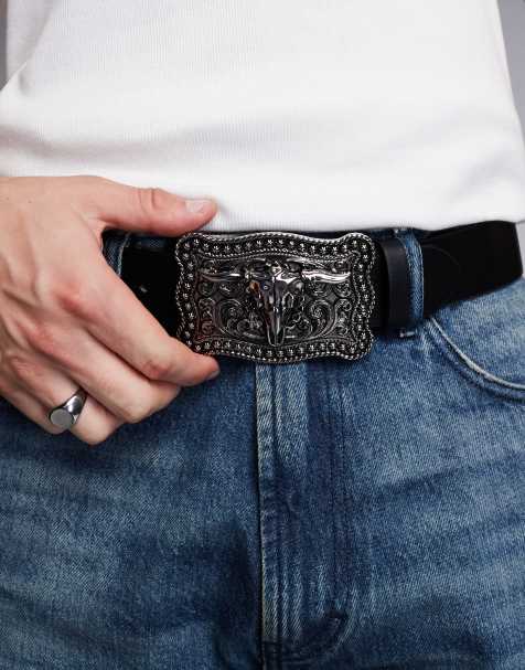 ASOS DESIGN - Riem van imitatieleer met statement zilveren western gesp in zwart - view 1