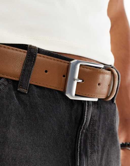 ASOS DESIGN - Riem van imitatieleer met zilveren gesp in bruin, 4 van 4