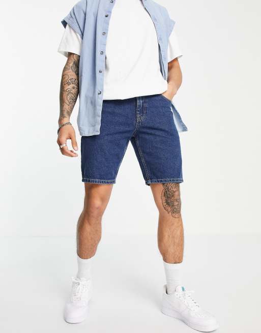 ASOS DESIGN rigid slim denim shorts in dark stone wash blue