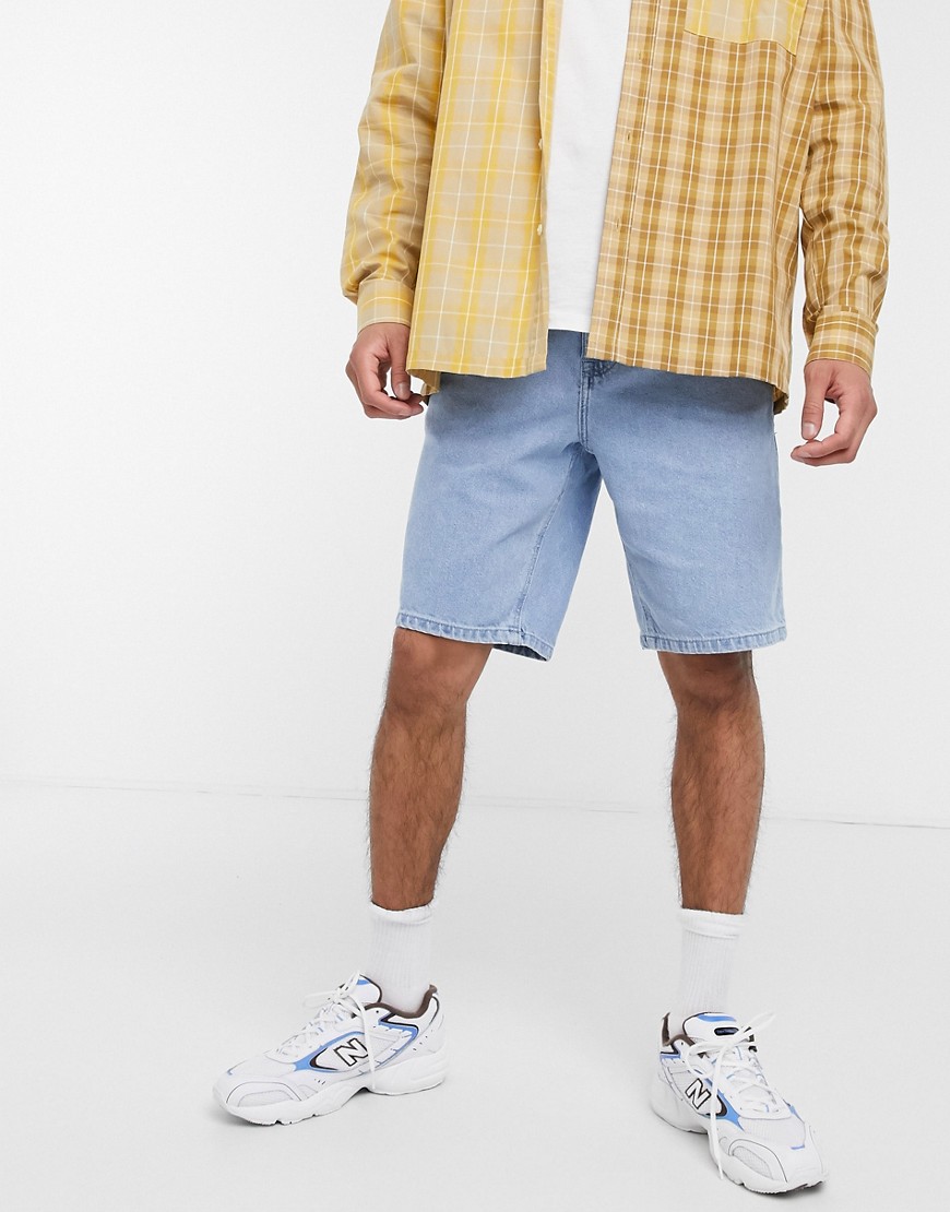 Asos Design Plus Rigid Slim Denim Shorts In Light Stone Wash-blue In Blues