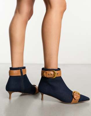 ASOS DESIGN Riley buckled kitten heel boots in blue denim - ASOS Price Checker