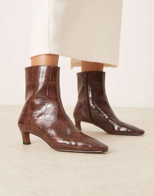 ASOS DESIGN Riley mid-heel ankle boots in brown croc, 2 of 4