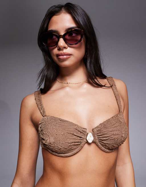 ASOS DESIGN Riley Resin Cape Cod underwired balcony bikini top with ruched cup in mocha, 3 of 4