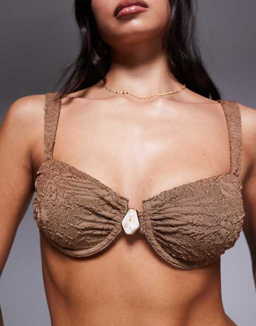 ASOS DESIGN Riley Resin Cape Cod underwired balcony bikini top with ruched cup in mocha, 4 of 4