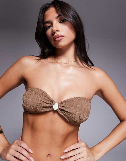 ASOS DESIGN Riley resin Mykonos twisted padded bandeau bikini top in mocha, 4 of 4