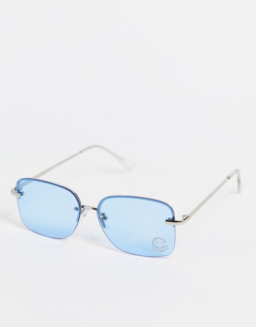 Asos Design Rimless 90s Sunglasses With Diamante Happy Face Detail In Blue Asos 