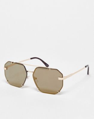 ASOS DESIGN rimless aviator glasses with brown flash lens in gold