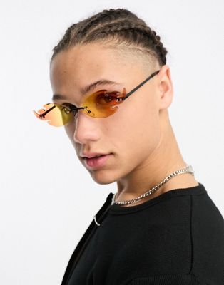 ASOS DESIGN rimless fashion sunglasses with flame design in red ombre
