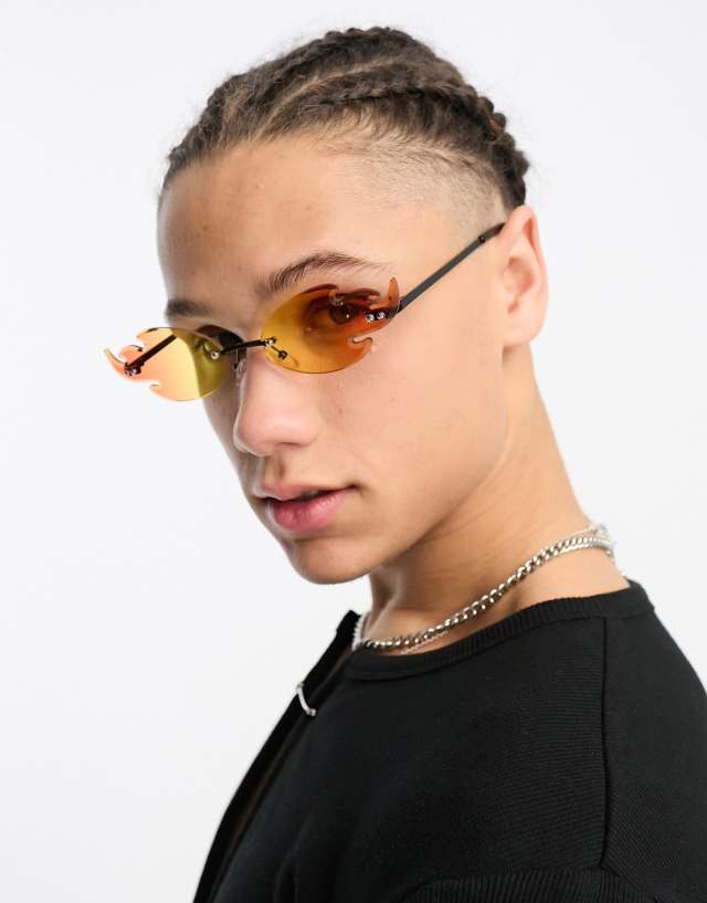 ASOS DESIGN rimless fashion sunglasses with flame design in red ombre