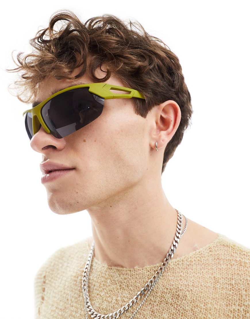 Asos Design Rimless Racer Sunglasses With Matte Frame In Khaki-green