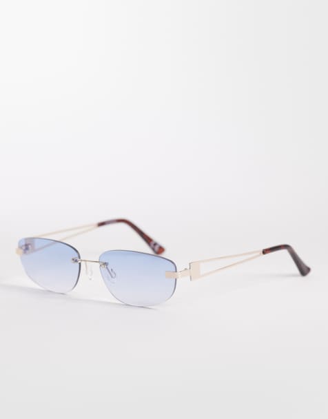 ASOS DESIGN rimless rectangle sunglasses in gold metal with blue lens - view 1