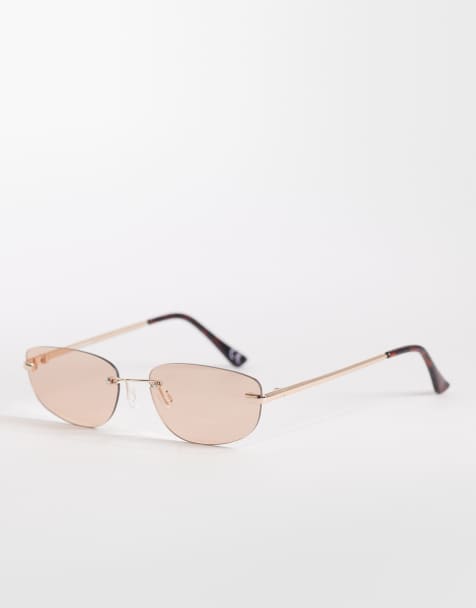 ASOS DESIGN rimless rectangle sunglasses in gold metal with brown lens - view 1
