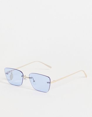 ASOS DESIGN rimless rectangle sunglasses with flower charm in blue