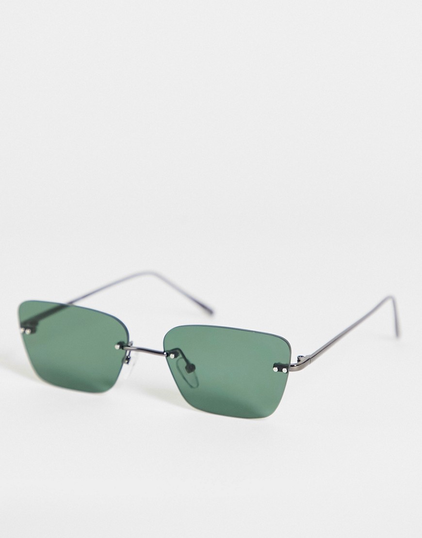 ASOS DESIGN rimless retro square sunglasses with green lens-Black