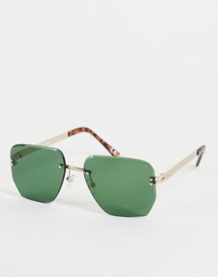 ASOS DESIGN rimless retro sunglasses with green lens