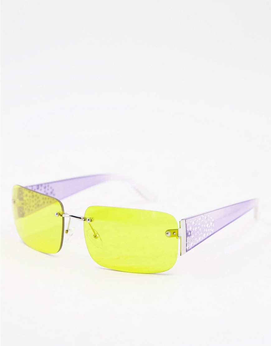 ASOS DESIGN rimless square fashion glasses with embellished temple detail in yellow lens-Multi
