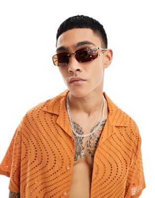 ASOS DESIGN rimless sunglasses in gold with brown lens