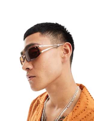 ASOS DESIGN rimless sunglasses in gold with brown lens