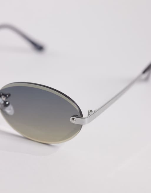 ASOS DESIGN rimless sunglasses in silver metal frame with blue lens, 2 of 3
