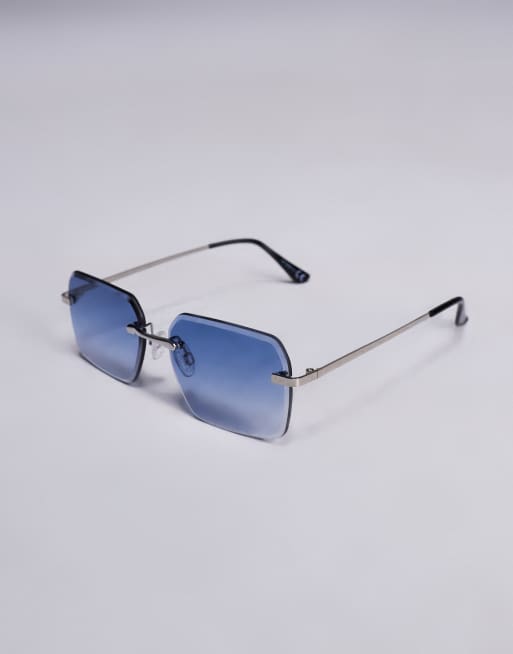 ASOS DESIGN rimless sunglasses with blue square lenses and metal silver frame  