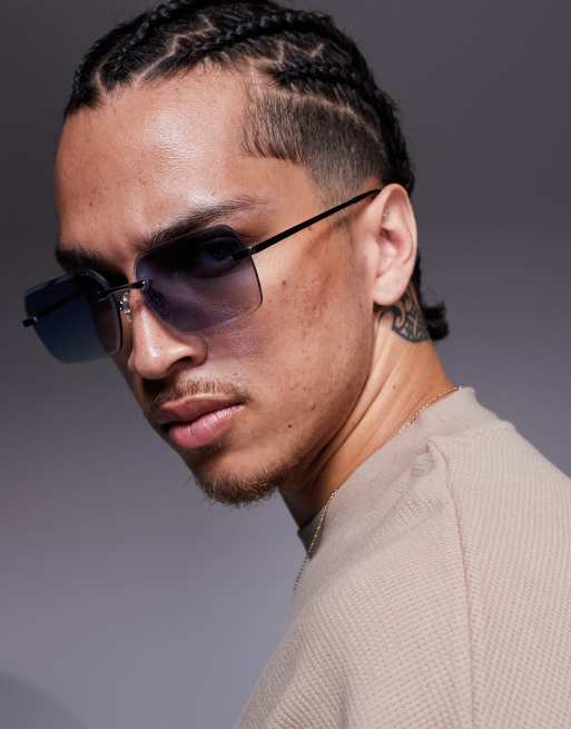 ASOS DESIGN rimless sunglasses with blue square lenses and metal silver frame  