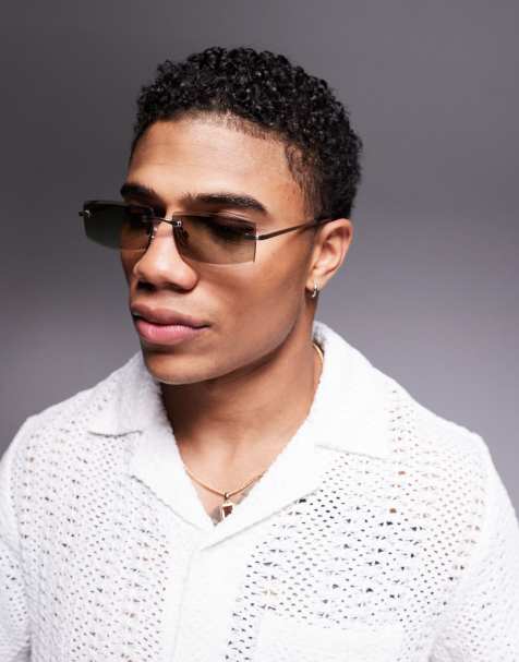 ASOS DESIGN rimless sunglasses with green smoke ombre round lenses with metal gold frame - view 1