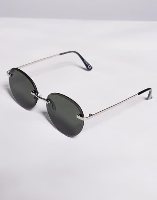 ASOS DESIGN rimless sunglasses with green smoke round lenses and metal silver frame , 2 of 3