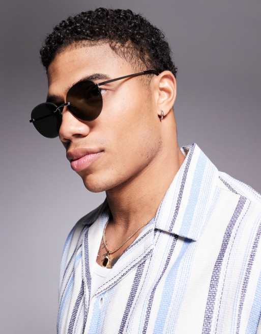ASOS DESIGN rimless sunglasses with green smoke round lenses and metal silver frame , 3 of 3