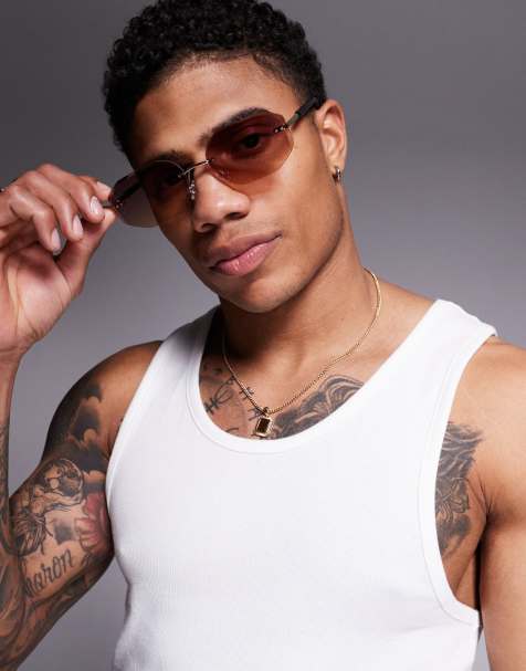 ASOS DESIGN rimless sunglasses with purple lenses and metal gold frames - view 1