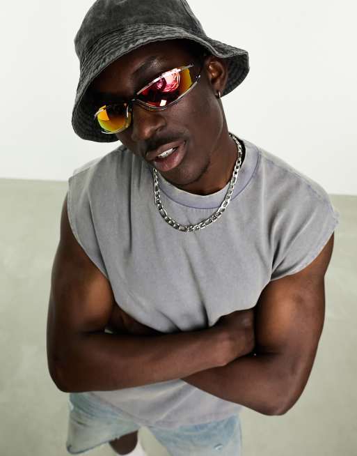 ASOS DESIGN rimless wrap sunglasses with orange lens and metal bar detail in silver