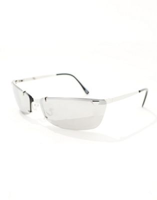 rimless y2k sunglasses with metal clip detail in gunmetal-Silver