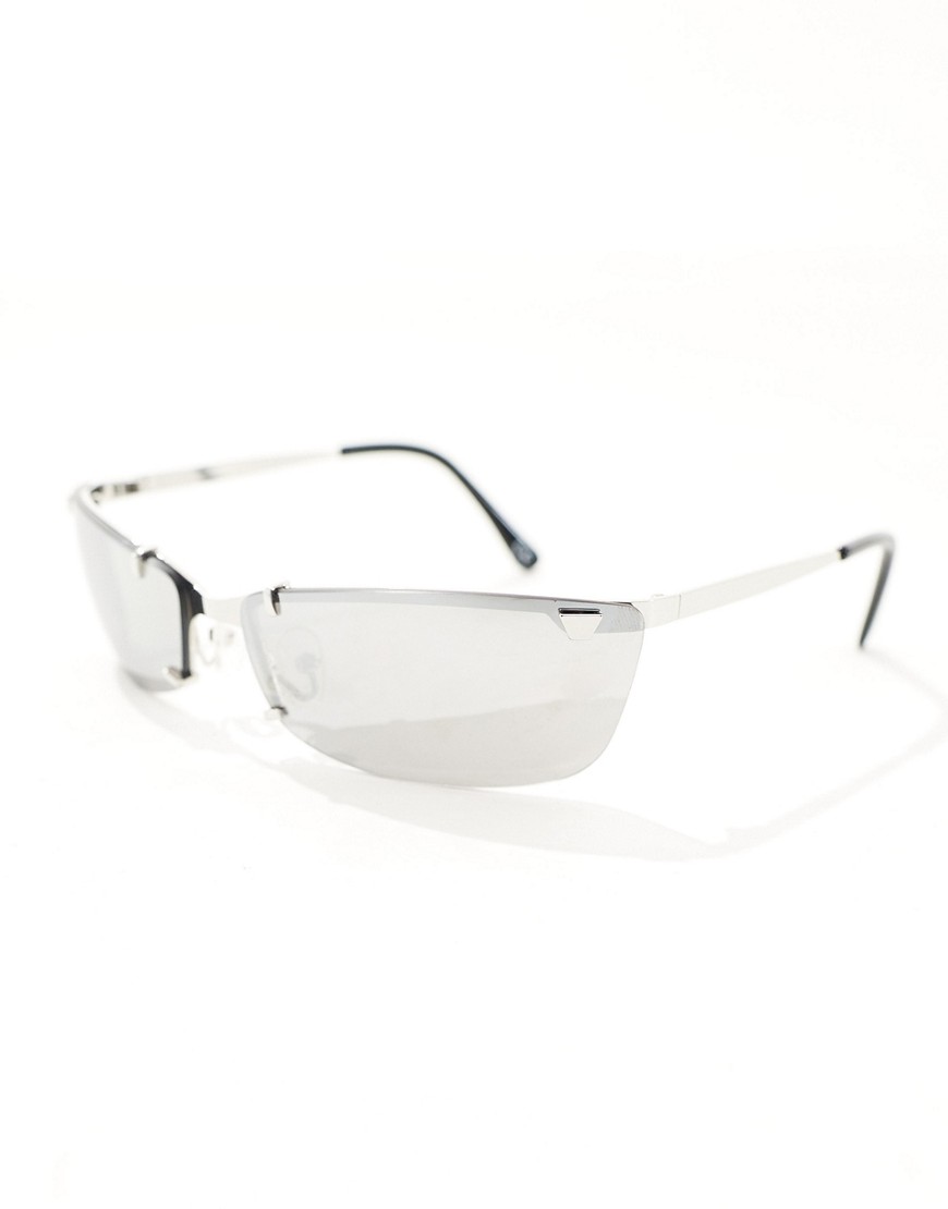 ASOS DESIGN rimless y2k sunglasses with metal clip detail in gunmetal-Silver