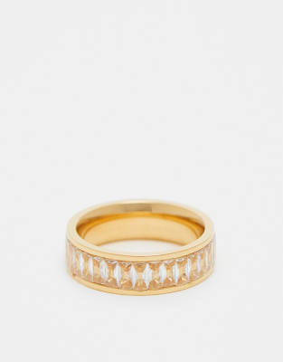 ASOS DESIGN - Ring aus Edelstahl in Goldoptik mit Zirkonia-Schmucksteinen in Baguette-Schliff mit Geschenktasche-Goldfar...