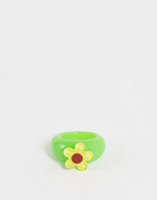 ASOS DESIGN – Ring aus Kunststoff in Grün mit gelbem Blumendetail-Mehrfarbig