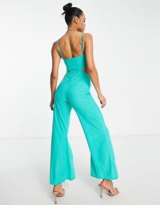 ASOS DESIGN ring detail cut out cami rib jumpsuit in green