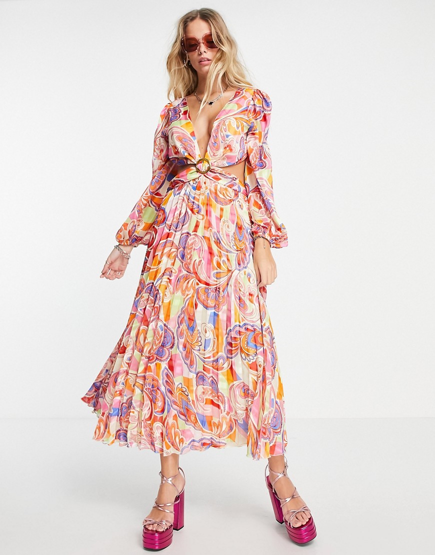 ASOS DESIGN ring detail cut-out maxi dress in bright 60s floral-Multi