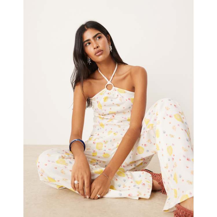 ASOS DESIGN ring detail halter neck waffle knit top in lemon