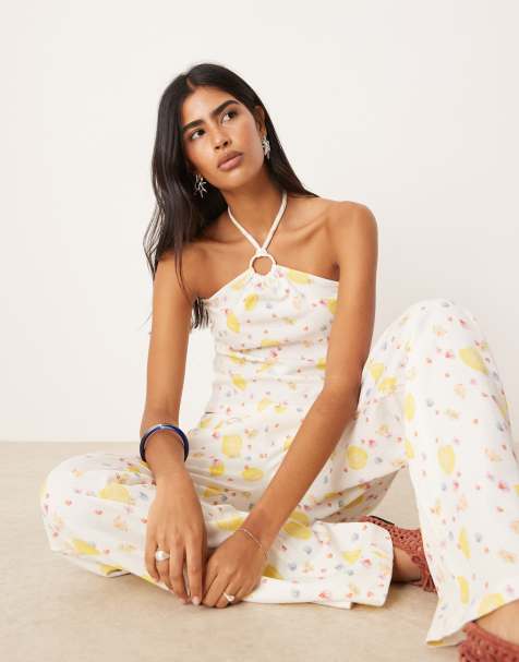 ASOS DESIGN ring detail halter waffle top co-ord in lemon ditsy print