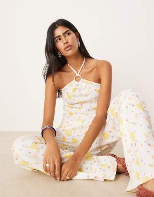 [ASOS DESIGN] ASOS DESIGN ring detail halter waffle top in lemon ditsy print (part of a set)-Multi XS Lemon print
