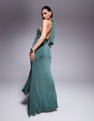Asos Design Ring Detail Maxi Dress With Tie Back And Sash In Green