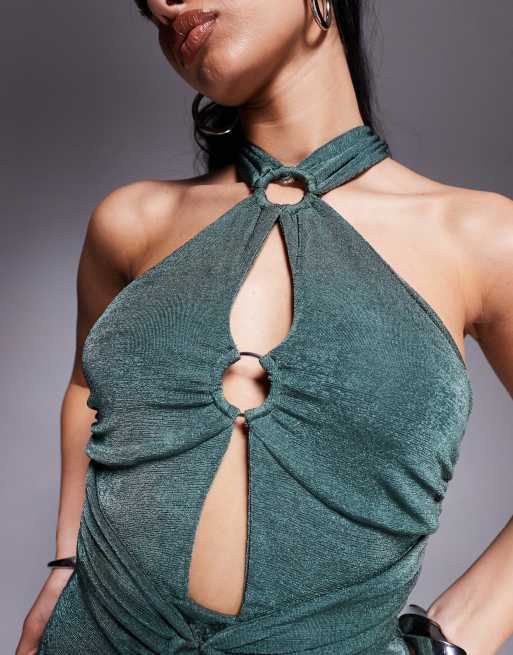 ASOS DESIGN ring detail maxi dress with tie back and sash in khaki green