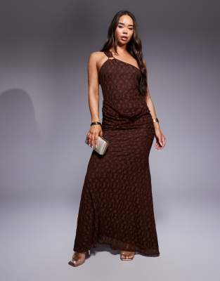 ASOS DESIGN ring detail one shoulder maxi dress with gauging detail in brown - view 1