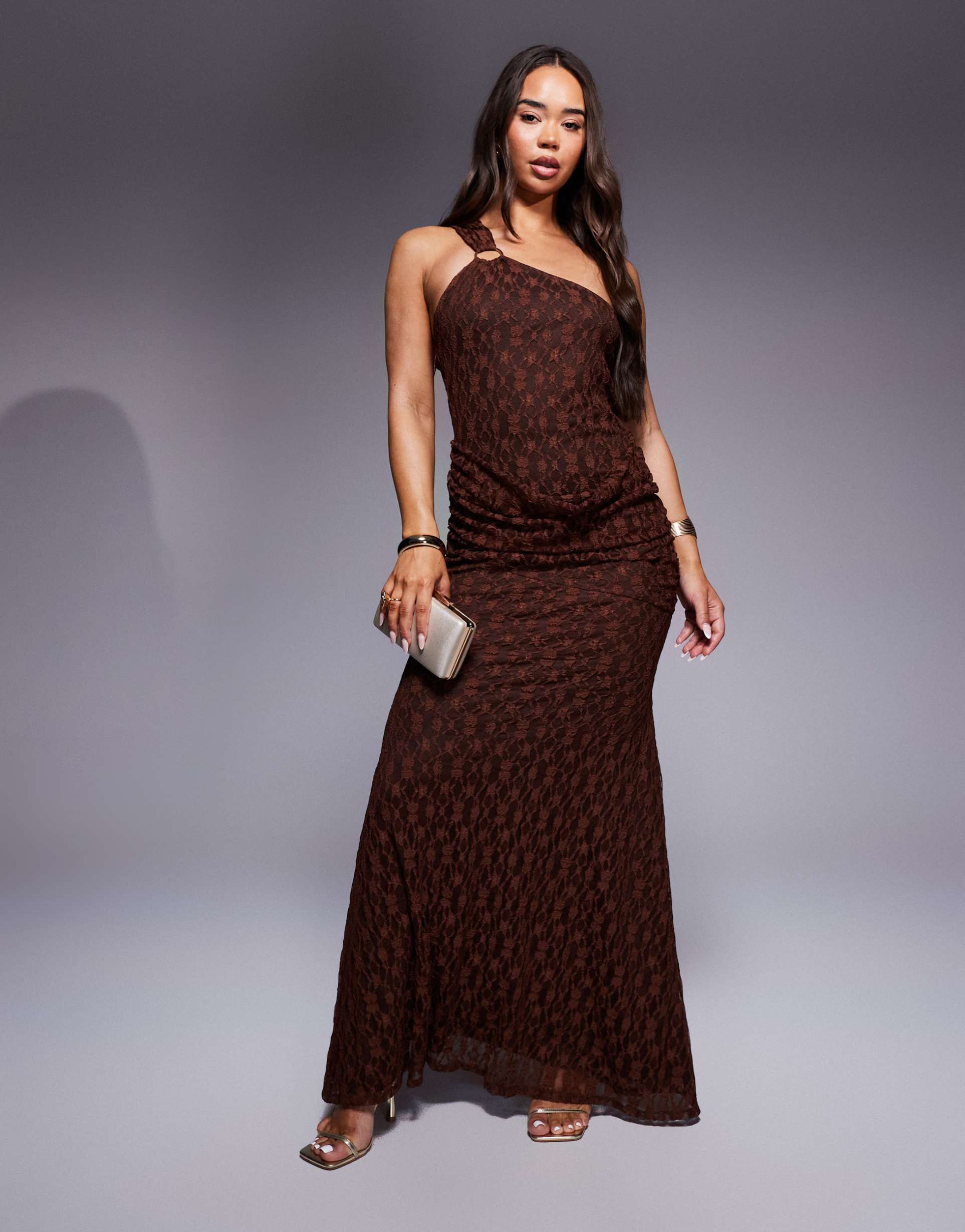asos design ring detail one shoulder maxi dress with gauging detail in brown