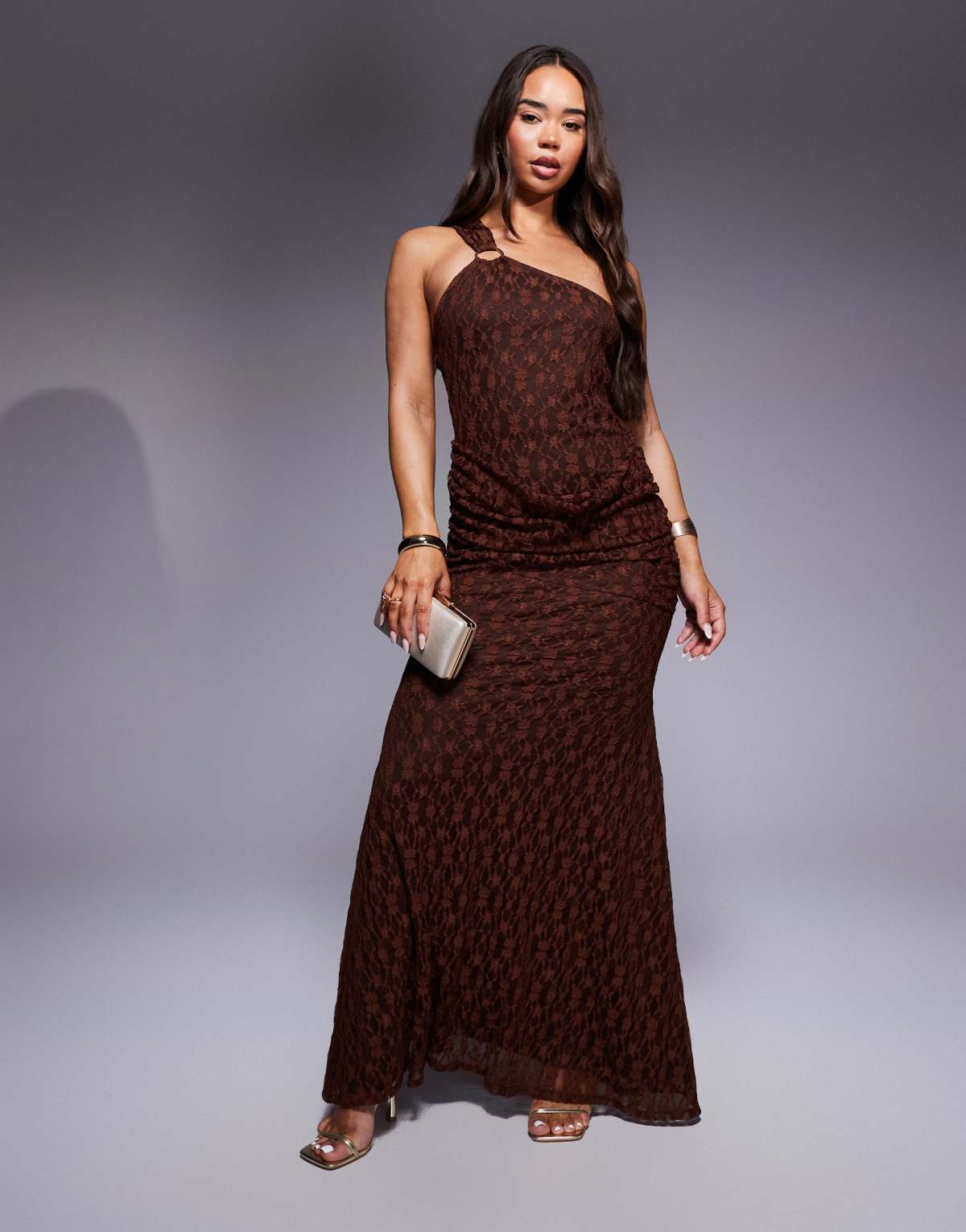 ASOS DESIGN ring detail one shoulder with gauging detail maxi dress in brown
